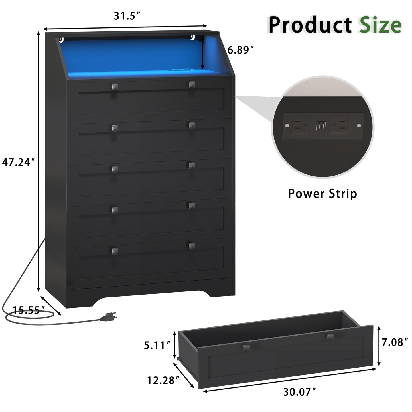 Wodeer Black Dresser Tall 5 Drawer Dresser for Bedroom, Wood Chest of Drawers with LED Lights, Charging Station, Metal Handles, Modern Storage Cabinet and Organizer Drawers for Living Room, Hallway