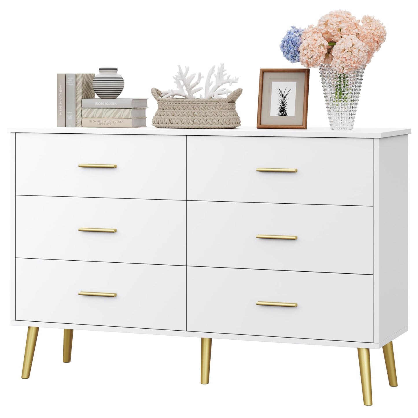 White Dresser for Bedroom, Dressers & Chests of Drawers for Clothes Storage, Wood Dresser for Closet with 6 Drawers, Wide Long Clothes Organizer with LED Light for Hallway, Entryway, Metal Handles