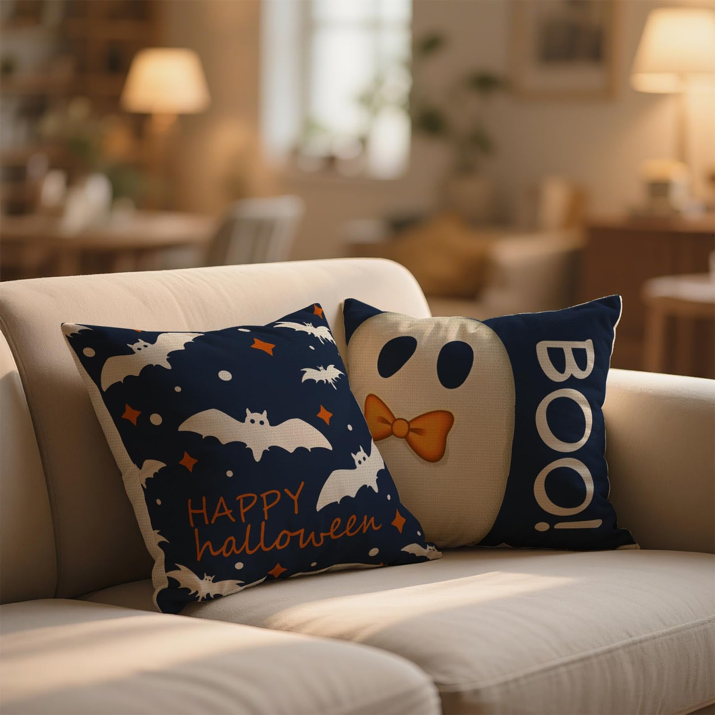 4Pcs Halloween Pillow Covers 18x18 Inch Cute Ghost Pumpkins Bats Decoration Pillow Covers Outdoor Happy Halloween Decoration Pillows Case for Room Sofa Patio Funiture Bedroom Couch Decor