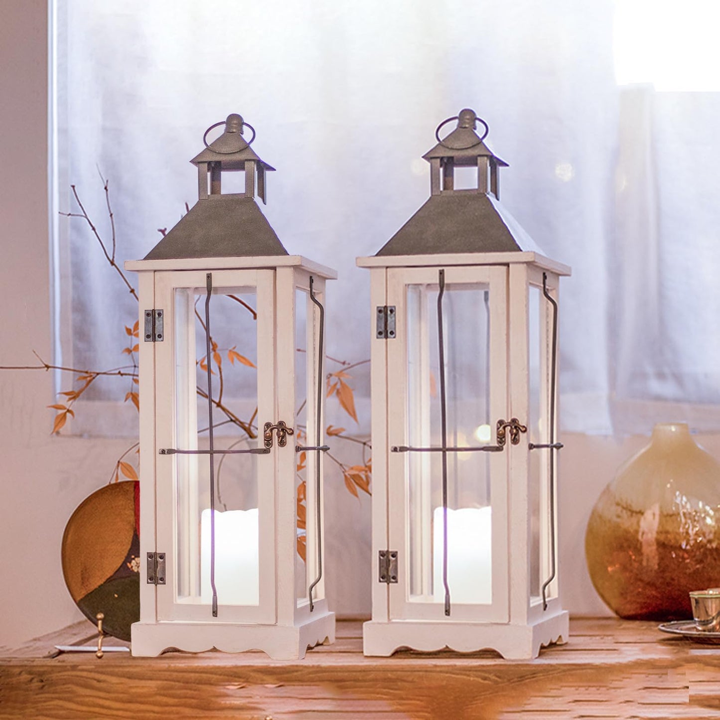 2 Pack 26in Farmhouse White Waterproof Wood Metal Decorative Lanterns with Remote Control, Timer, Tempered Glass, Flameless Pillar Candles, Decorative Lanterns for Home Decor, Front Porch, Wedding