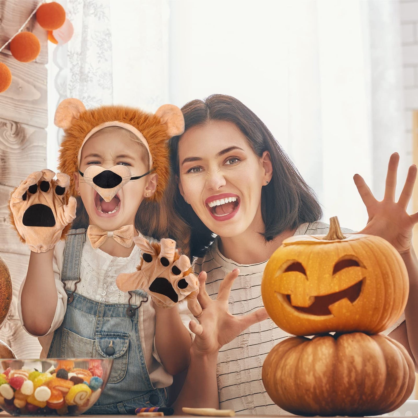 5 Pcs Lion Costume Set Animal Ears Headband Paw Gloves Bow Tie and Tail for Kids Adult Halloween Costume Dress up Party