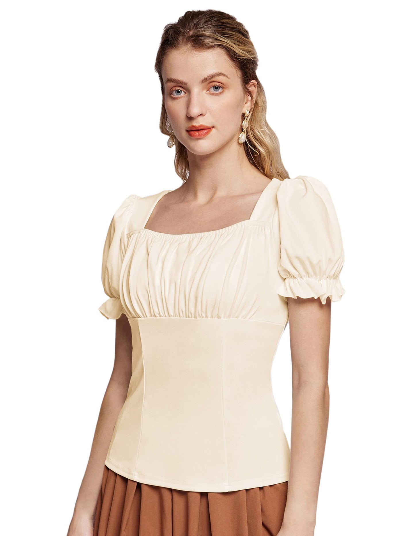 Womens Victorian Shirts Vintage Square Neck Ruffle Short Puff Sleeve Top Apricot M