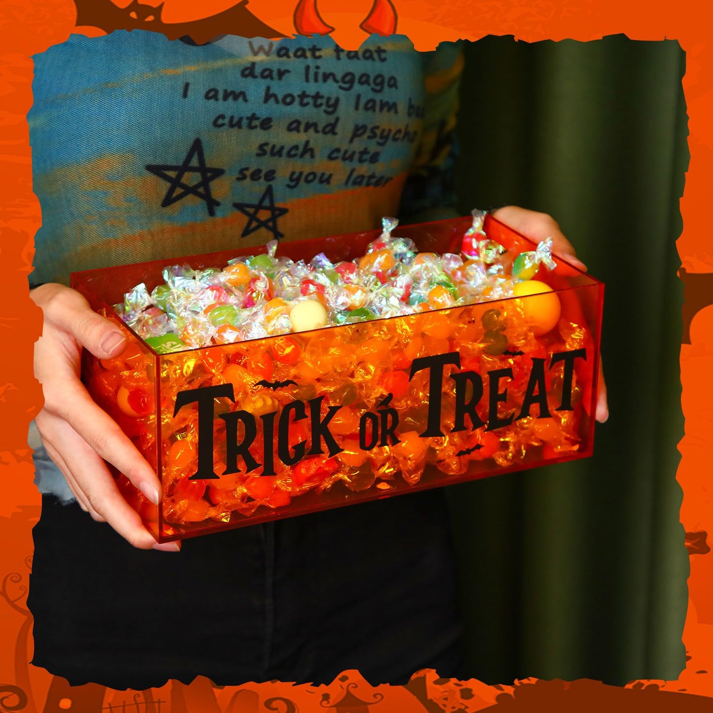 Wenqik 1 Set Halloween Candy Bowl with Light Battery Box Light Up Trick or Treat Candy Box Dish Holder for Halloween Decor Party Supplies Serving Gift (Orange)