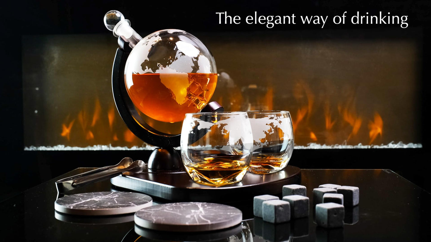 Whiskey Decanter Globe Set with 2 Etched Globe Whisky Glasses | Liquor Decanter | Whiskey Stones, Ice Tong, Funnel - Gifts For Men Dad, Husband - Liquor, Bourbon, Scotch, Vodka, Wood Stand - 850ml