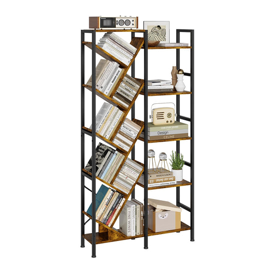 5-Tier Double Wide Bookshelf 67" , Industrial Tree BookShelves, Vintage Storage Rack with 14 Open Shelves, Large Bookcase, Wooden and Metal Bookshelves, Wide Display Rack for Home Office Decorative