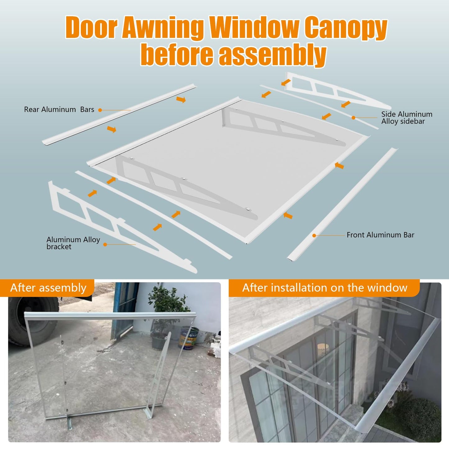 Window Awning Door Canopy,32x48 Inches Awnings for Doors Exterior with Sink,Polycarbonate Front Door Outdoor Patio Awning Canopy UV Rain Snow Sunlight, Window Awning with Sturdy Metal Bracket