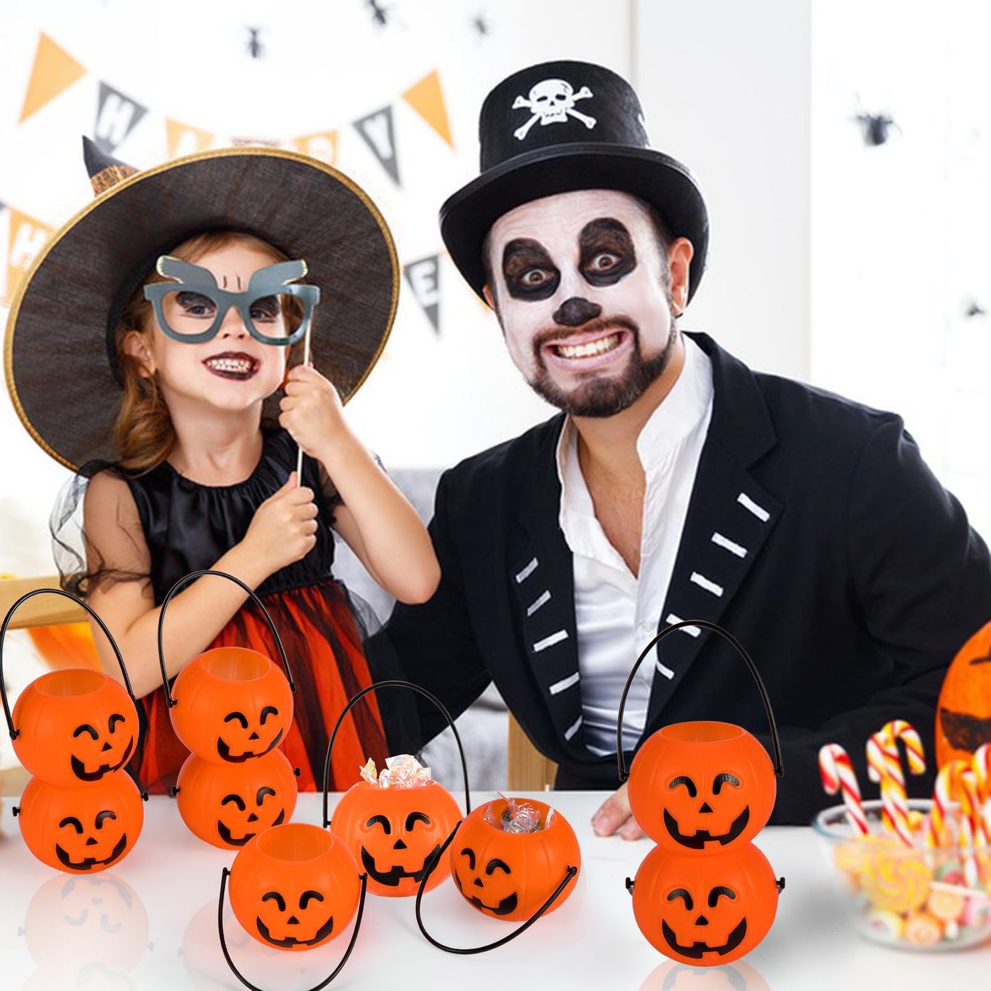 24 Pack Mini Pumpkin Buckets With Handle, Halloween Kids Party Favors Plastic Trick or Treat Bucket, Candy Holder Containers for Decoration