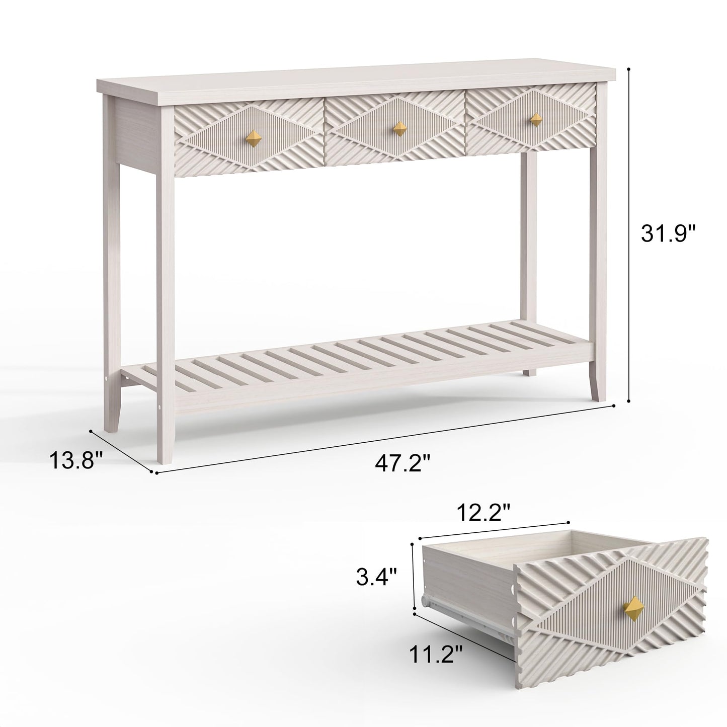 47" Console Table with 3 Drawers, Fluted Wood Entryway Table with Storage Shelf, Narrow Long Sofa Table Modern Behind Couch Accent Table for Living Room, Entryway, Hallway, Foyer