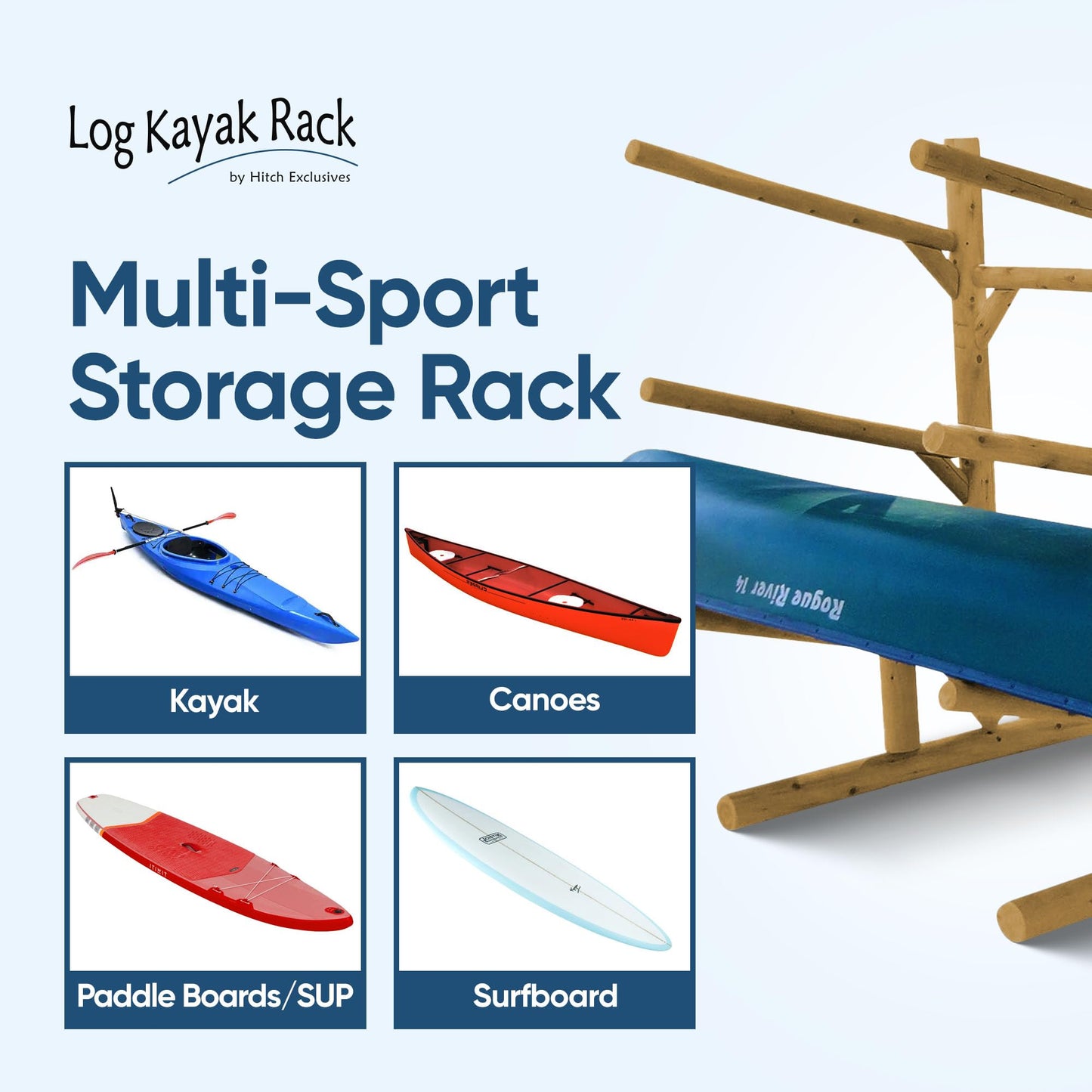3-Place One-Sided Log Kayak Rack / Canoe Racks, Freestanding Canoe Stand for Garage, Outdoor & Indoor Surfboard Storage Racks or SUP Storage Stands, Kayaks - Natural