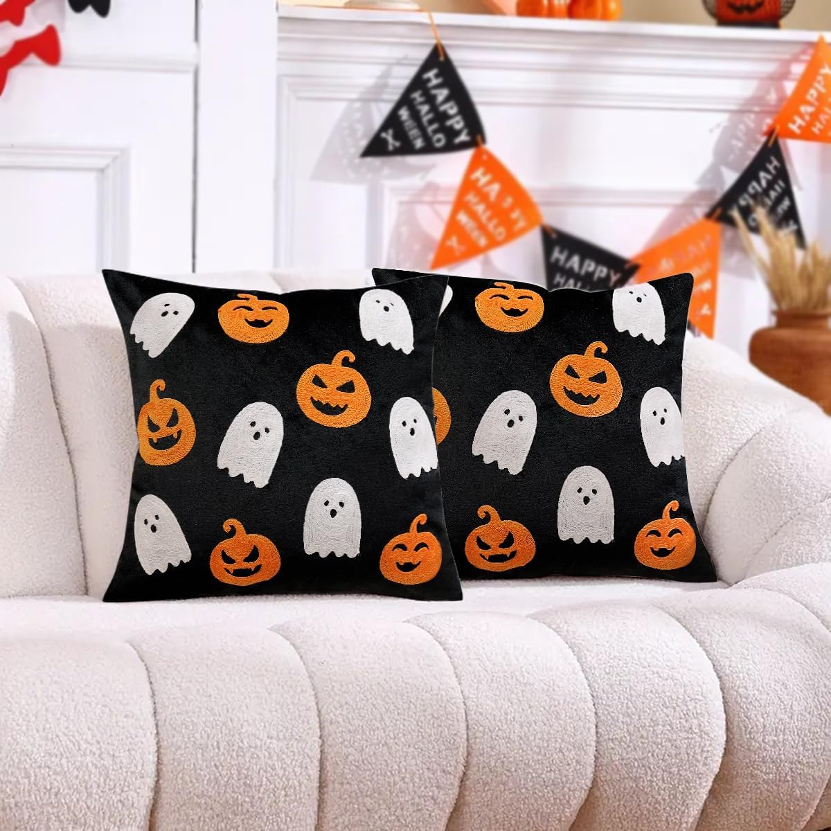 WOKANI Halloween Throw Pillow Covers 18x18 Set of 2 Ghost Pumpkin Decorative Embroidery Velvet Cushion Cases Decor Home Decorations for Couch Patio Furniture Bedroom Livingroom Sofa Porch, Black