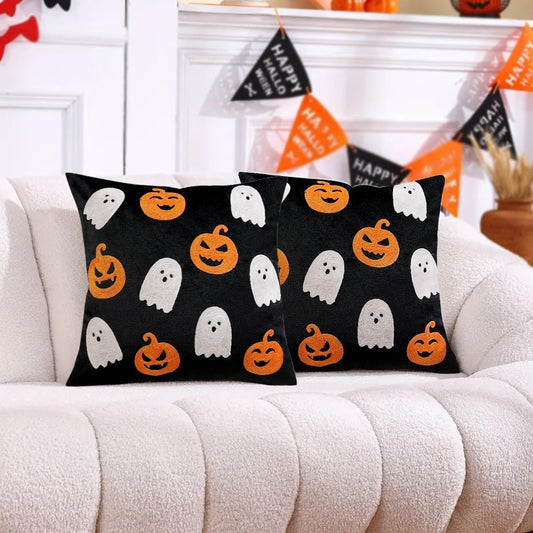 WOKANI Halloween Throw Pillow Covers 18x18 Set of 2 Ghost Pumpkin Decorative Embroidery Velvet Cushion Cases Decor Home Decorations for Couch Patio Furniture Bedroom Livingroom Sofa Porch, Black