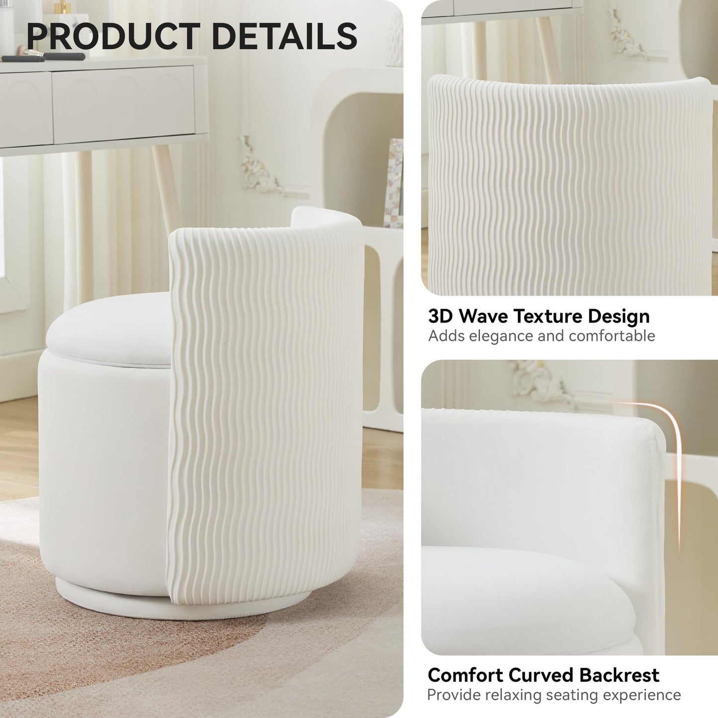WUTUTUEE Velvet Vanity Chair with Storage, 360° Swivel Makeup Chair with Wave Back, No Assembly Small Accent Stool for Bedroom, Dressing, Living Room, White
