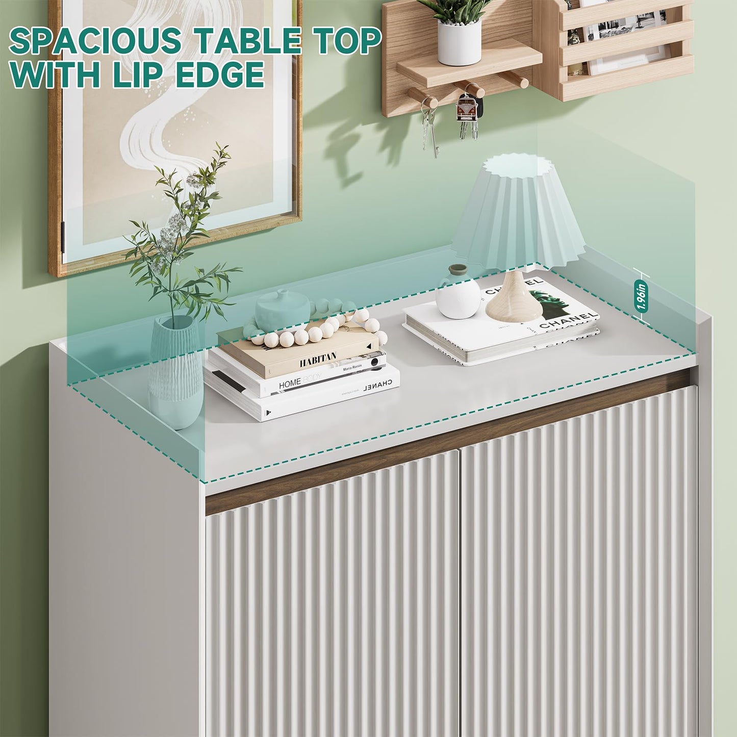 White Fluted Shoe Cabinet, 5-Tier Shoe Storage Cabinet with Adjustable Shelves, 43.7”H Tall Shoe Cabinet Storage for Entryway Hallway Living Room, Shoe Rack Organizer White & Walnut Wave Fluted Design