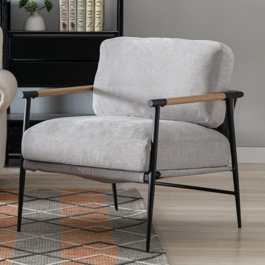Ya-Home Mid-Century Accent Chair, Soft Armchair Chenille Fabric Lounge Chair with Black Metal Legs, Upholstered Leisure Chair for Living Room Bedroom Reception Room, 1PC, Grey