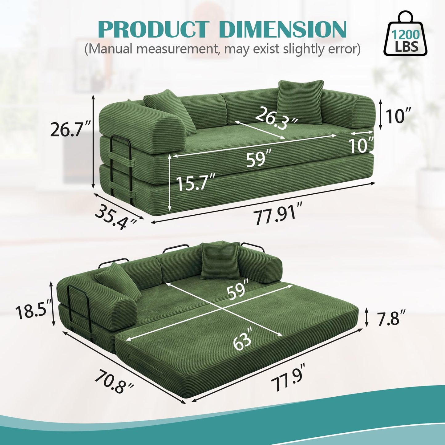 78'' Convertible Floor Sofa Bed, Comfy Foldable Sofa Bed, Modular Sectional Fold Couch with 2 Pillows and Fixed-Shape Frame, Lounge Couch for Living Room Bedroom Lounge Studio (A-Green)
