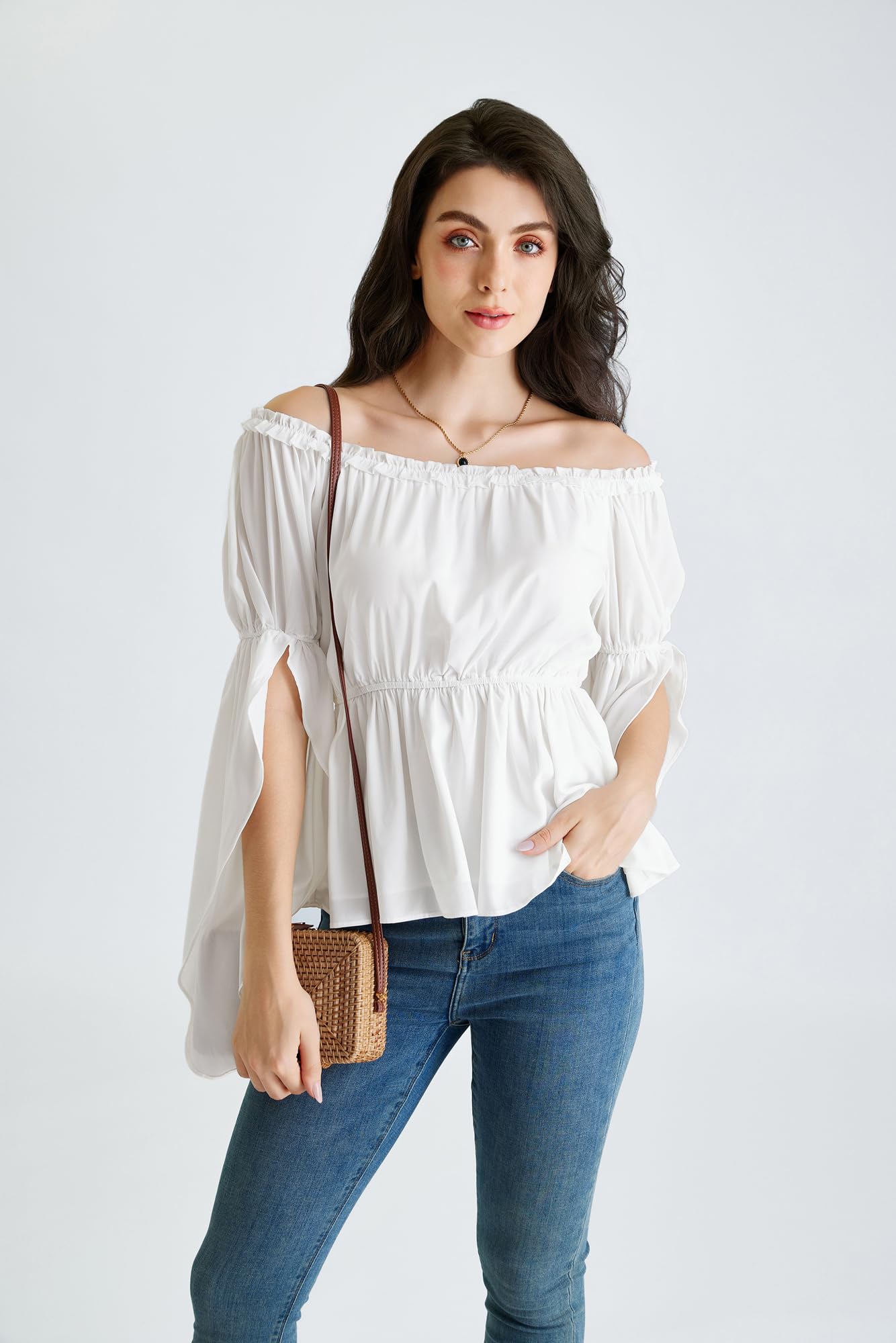 Womens Renaissance Shirt Summer Trumpet Sleeve Tops Chiffon Blouse White M