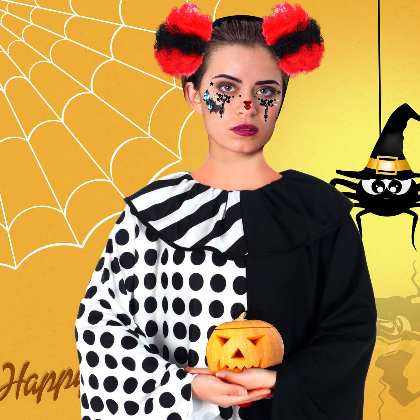 8 Pcs Women's Scary Poncho Clown Costume Set Includes Poncho Costume, Clown Wig, Stickers for Women Halloween Accessories(Large Size)