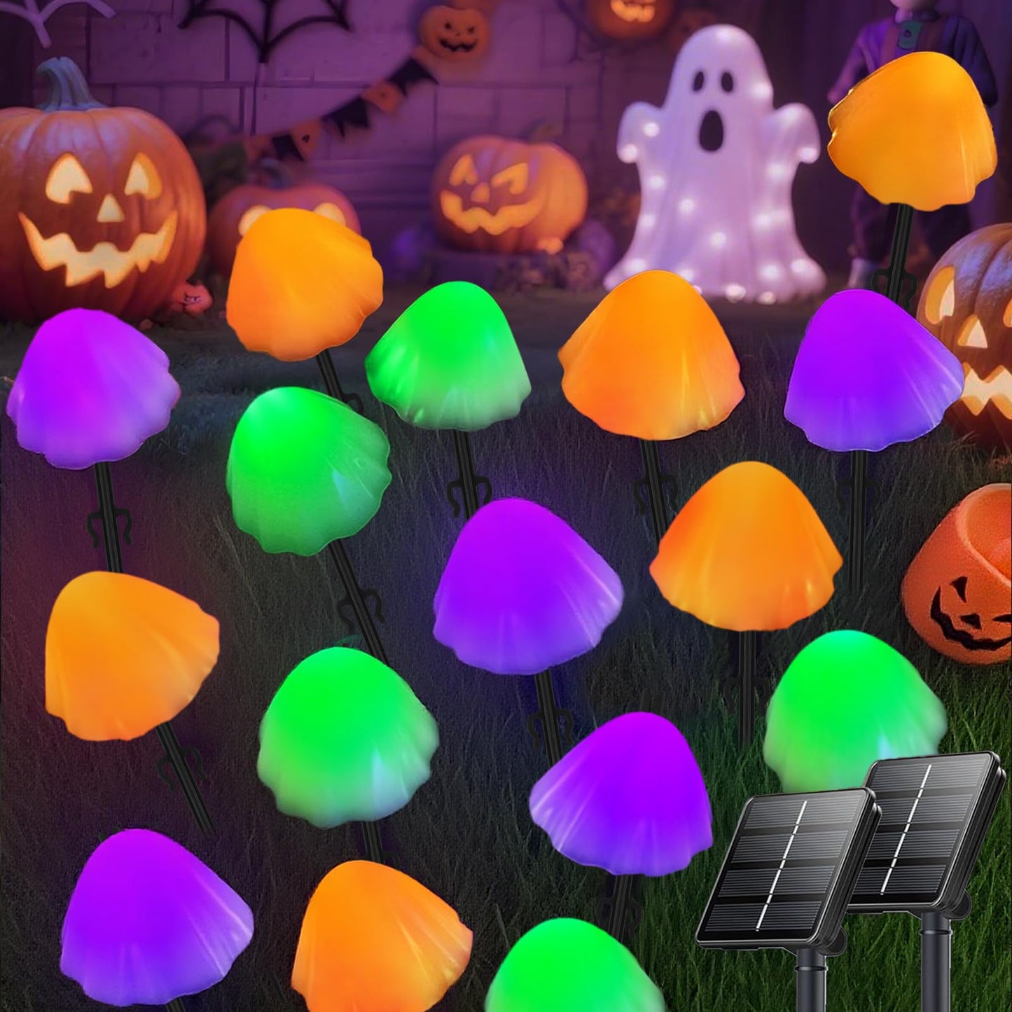 OZS 2PK 32LED 55FT Halloween Lights Mushroom Solar Lights, Halloween Decorations Outdoor with 8 Lighting Modes, Solar String Lights Waterproof for Outside Yard Party, Orange Purple & Green