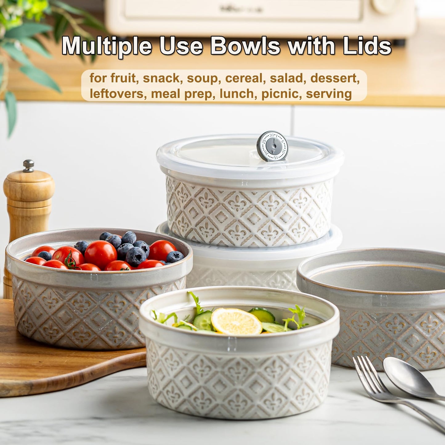 28 Oz Cereal Bowls Set with Lids, Ceramic Salad Bowls for Kitchen, Preparing, Camping, Office Lunch, 6 Inch Porcelain Ramekins Soup Bowls with Airtight Lids set of 4, Housewarming Present, Beige