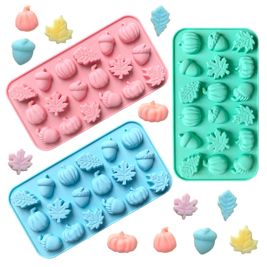 3Pcs 18-Cavity Autumn Harvest Themed Silicone Mold 3D Pumpkin Maple Leaf Chestnut Shaped Chocolate Biscuit Candy Mold, Thanksgiving Silicone Molds for Cake Decoration