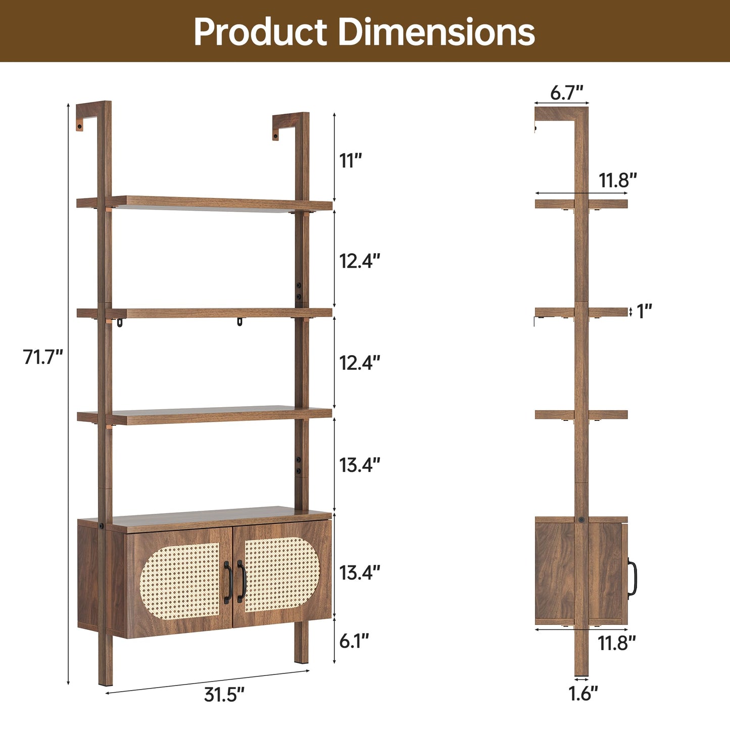 72" Tall Ladder Bookshelf with Cabinet - Faux Wood Grain Finish, 5-Tier Open Storage with Rattan Doors, Wall Mounted Book Shelf, Rustic Brown