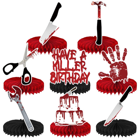 8 Pcs Have a Killer Birthday Party Decoration, Halloween Horror Theme Honeycomb Centerpieces 3D Double Sided Table Decorations for Bloody Horror Movie Birthday Party Supplies Decor