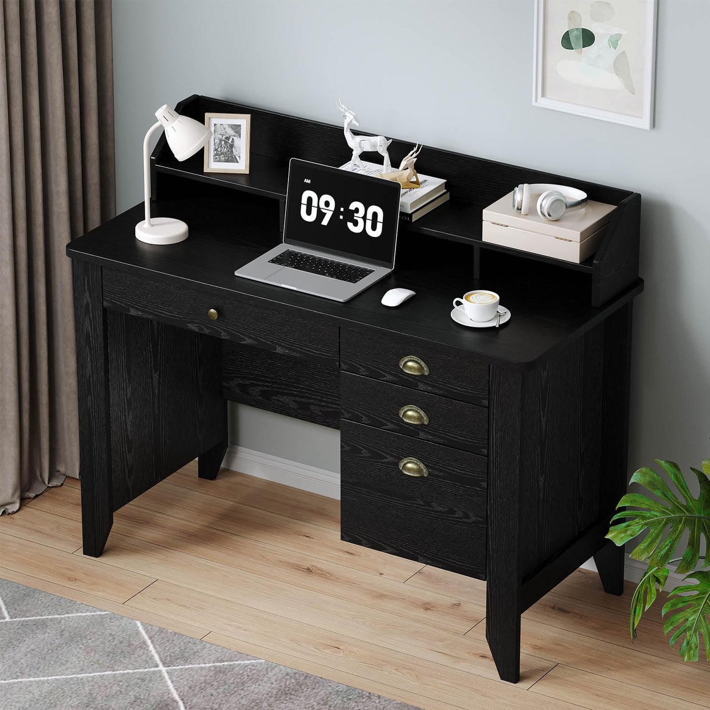 4 EVER WINNER Black Desk with Drawers, Small Computer Desk with File Drawer & Hutch for Small Spaces, Home Office Desks Writing Study Table with Monitor Stand, Black