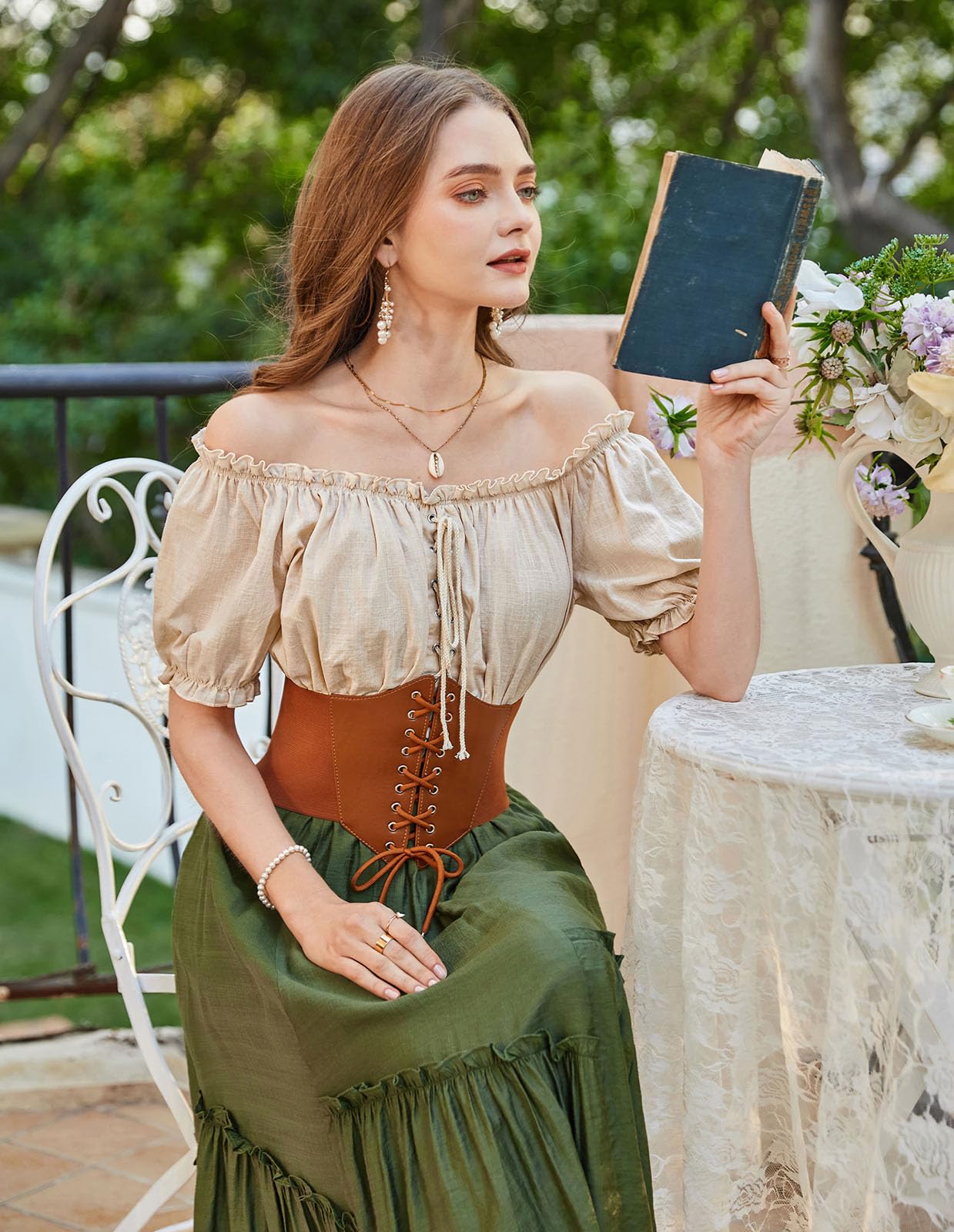 Women Off Shoulder Puff Sleeve Summer Tops Smocked Wasit Peplum Blouse Apricot S