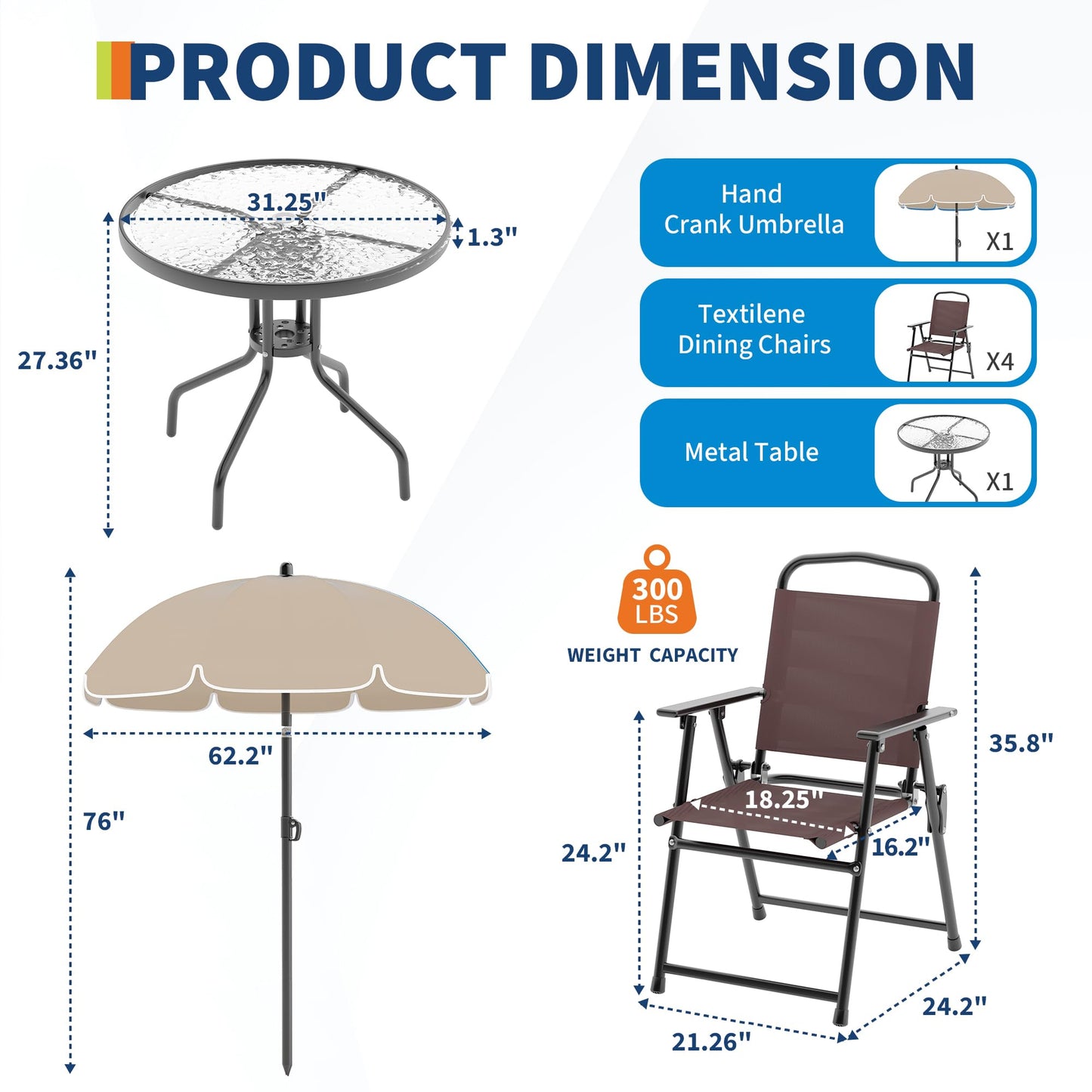 6 Pieces Outdoor Dining Set With Umbrella, Patio Table and 4 Folding Chairs With Umbrella, Garden Patio Furniture Set With Umbrellas, Tempered Glass Top Dining Table