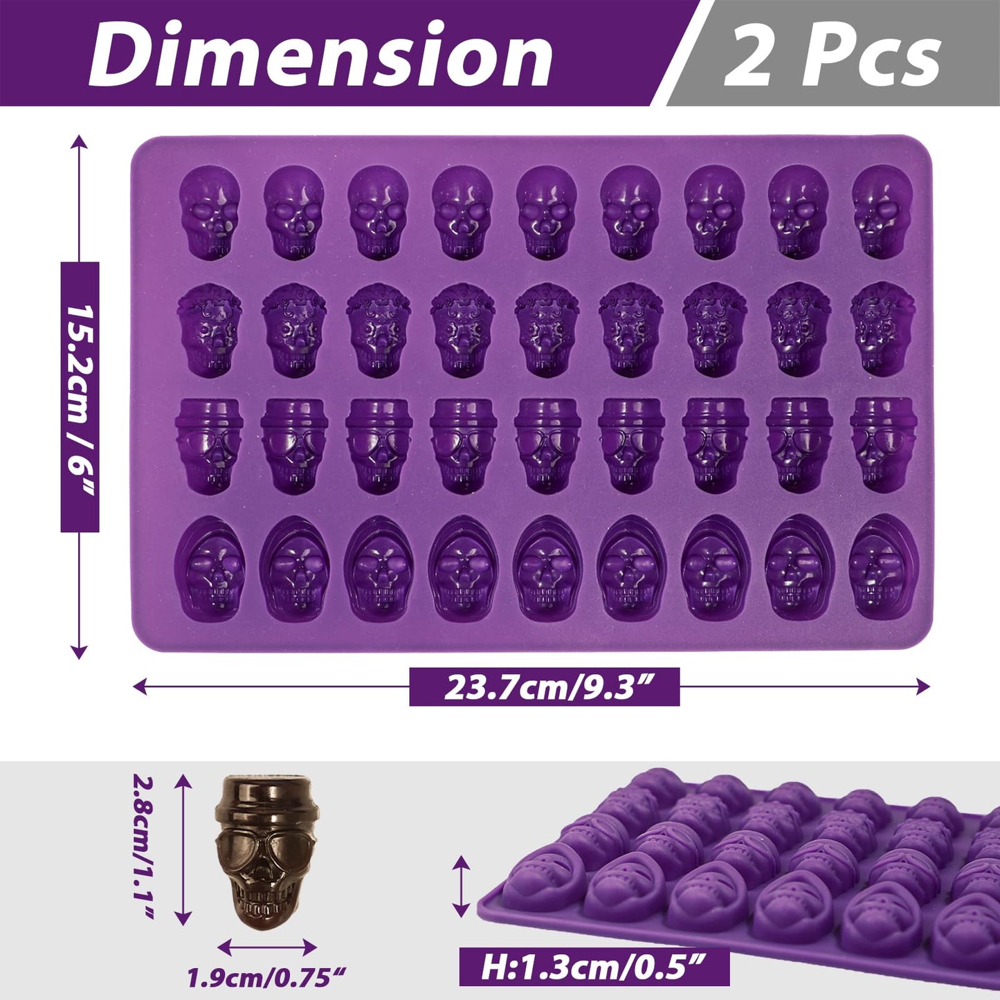 Webake Mini Skull Candy Mold with 4 Different Shapes, 36-Cavity Halloween Skull Silicone Chocolate Candy Mold for Gummy, Chocolate, Candy, Jello, Cupcake Decoration（2PCS）