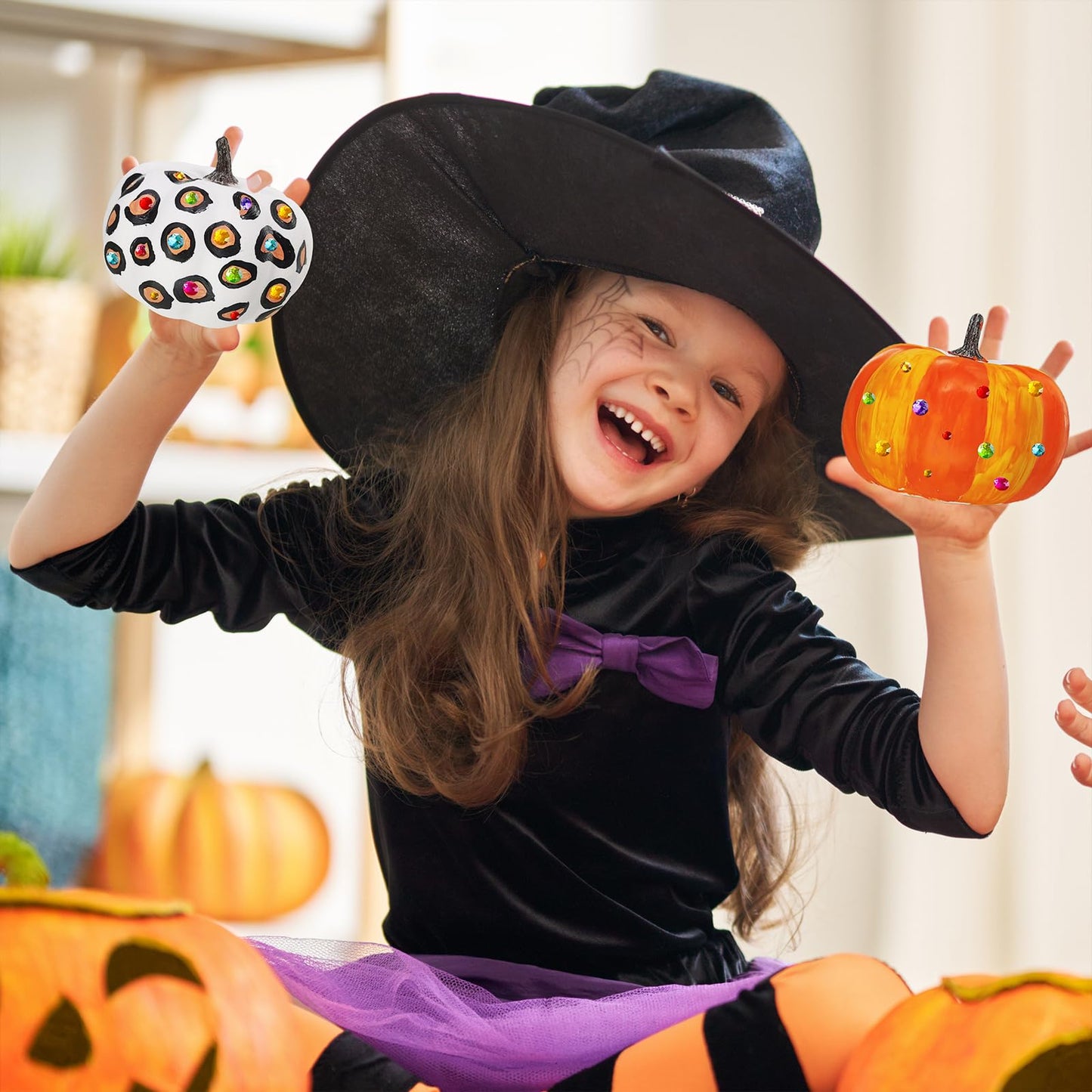 Winlyn 16 Sets 3" DIY Fall Pumpkin Painting Kits Paint Your Own Pumpkins White Foam Craft Pumpkins with Jack-O-Lantern Face Stickers for Classroom Thanksgiving Halloween Decor Holiday Party Activities