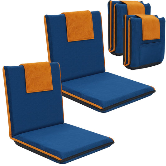 2 Pcs Floor Chair with Back Support Padded Floor Seating Portable Floor Seat Meditation Cushion Adjustable Fully Folding Backrest for Adult Kid Gaming Linen Washable Cover, Nylon Bottom (Blue, Khaki)