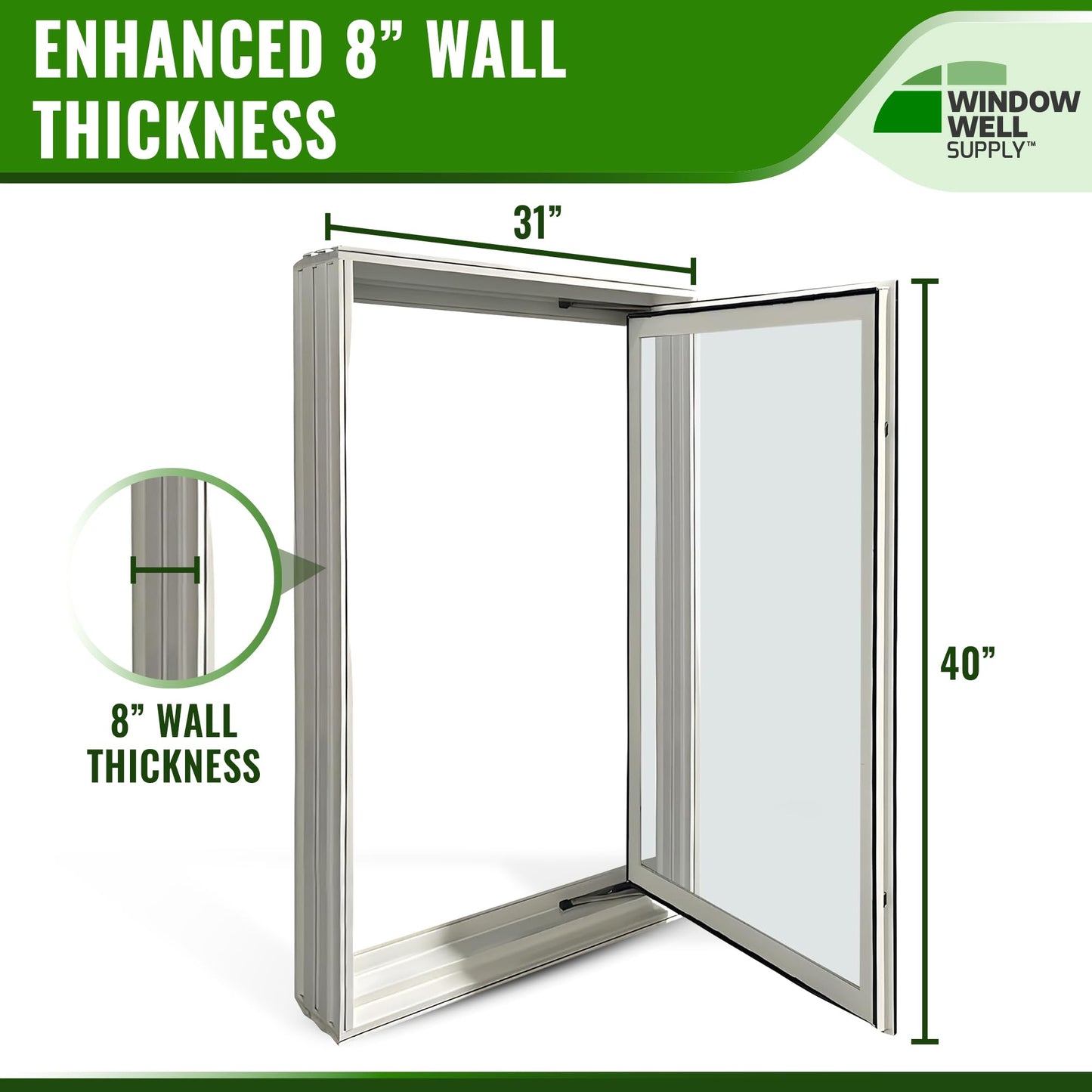 Window Well Supply - Argon Filled in-Swing Casement Basement Egress Window (31" W x 40" H), Vinyl Basement Window - Secure Windows, House Windows Replacement, White Vinyl Frame