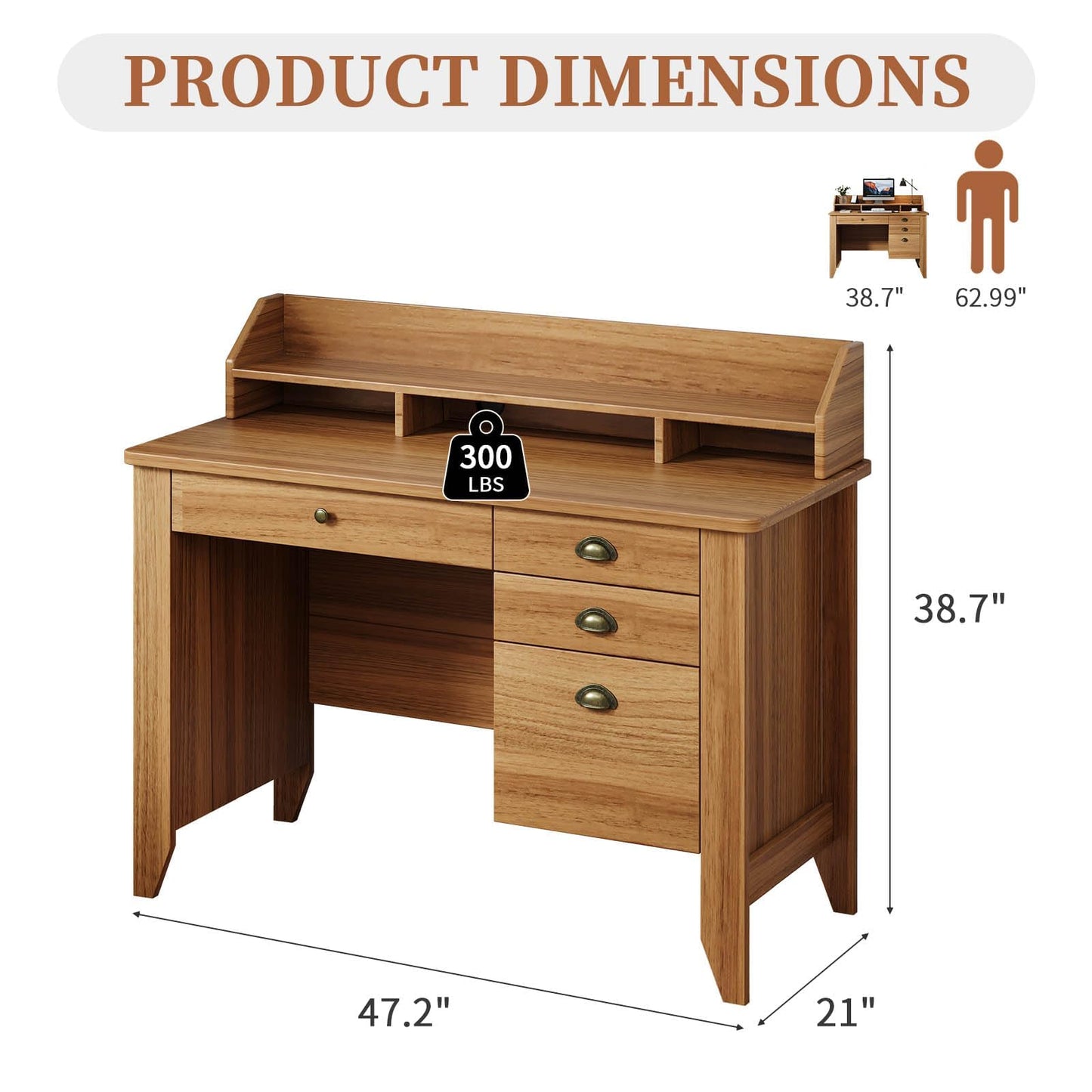4 EVER WINNER Desk with Drawers, Wooden Desk with Monitor Stand and Drawers, Executive Desks with File Drawer, Home Office Desks for Small Spaces, Bedroom, Walnut