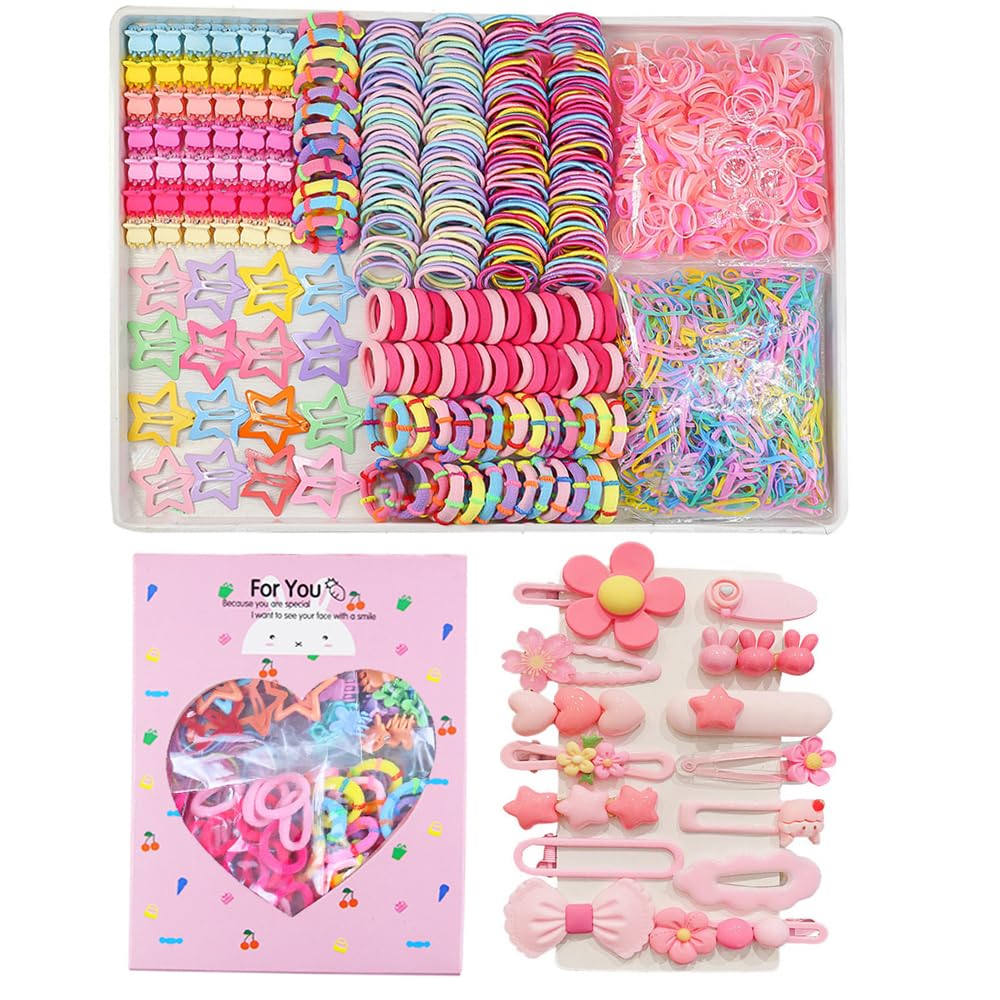 889 pcs Elastic Hair Bands for Girls Hair Accessories Ponytail Holders Colorful Rubber Bands Set with 14 pcs Cute Hair Clip