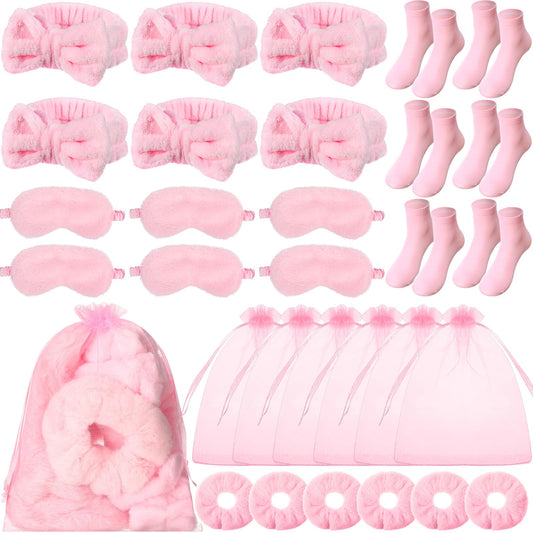 Wavyknot 30 Pcs Spa Party Favors Sleepover Party Supplies Include 6 Bow Headbands 6 Eye Masks 6 Pink Socks 6 Scrunchies 6 Organza Bags for Girls Women Slumber Spa Birthday Bachelorette Pajama Gifts