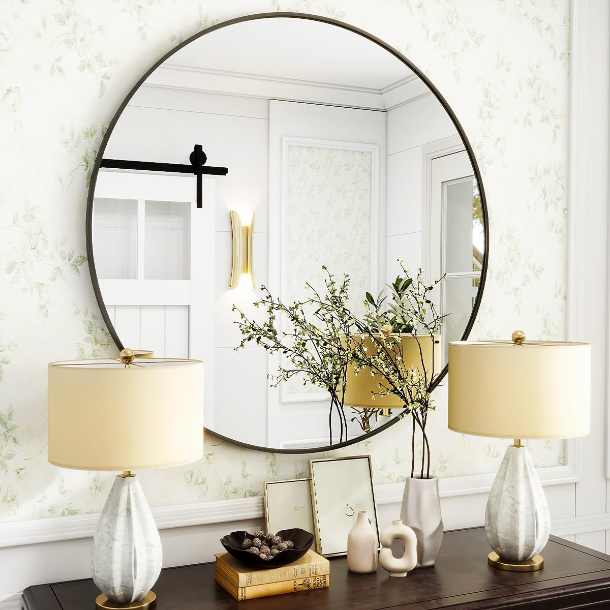 VooBang Black Round Bathroom Mirror, 30 inch Circle Wall Mounted Hanging Mirror with Simple Modern Circular Metal Frame for Hallway, Entryway, Living Room, Black Frame