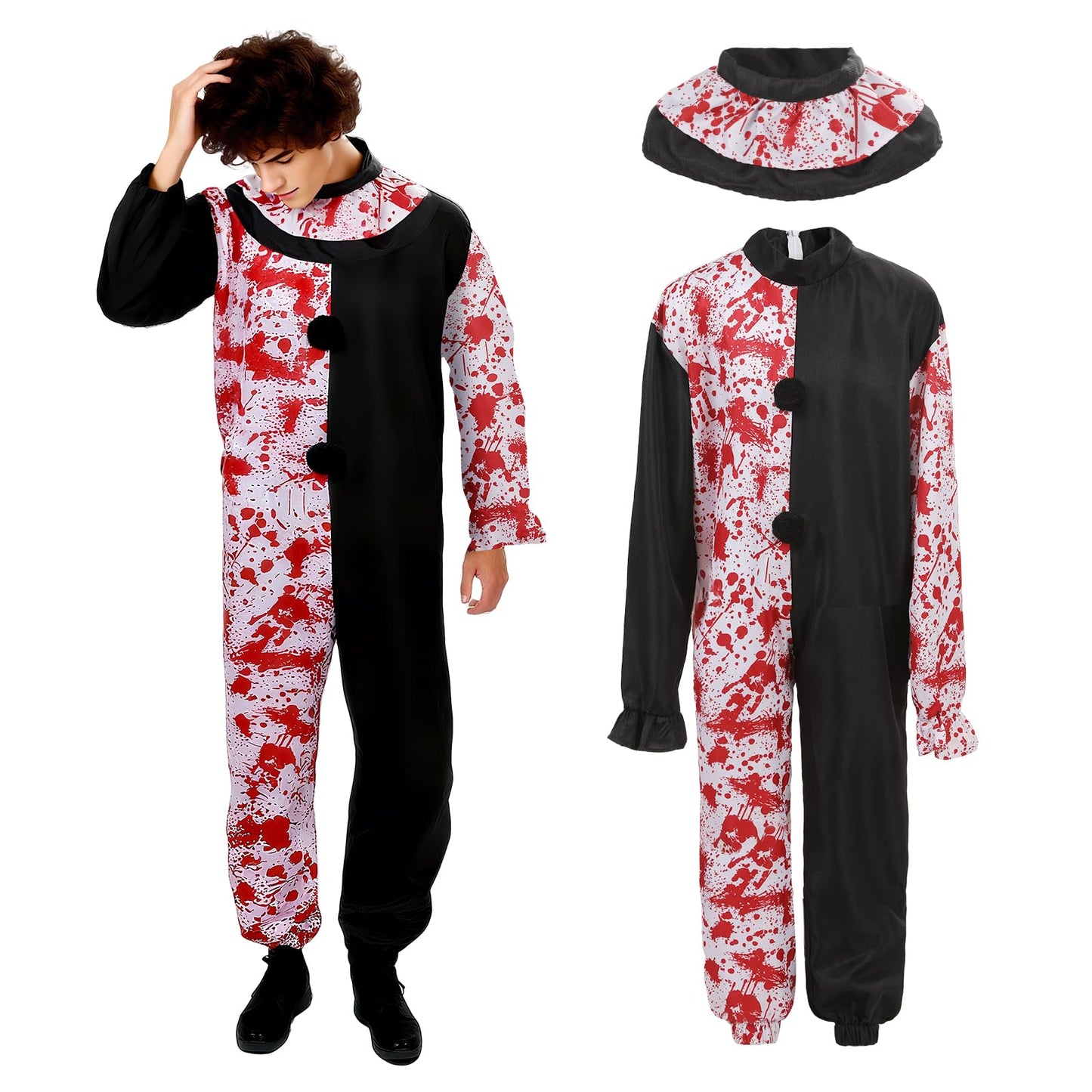 Xyeyo Adult Killer Clown Costume Mask Black and White Scary Outfits Jumpsuit Mask for Men Women (B, Small)