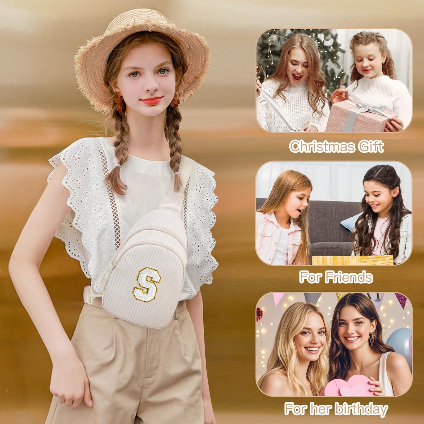Viverte Gifts for 8 9 10 11 12 13 14 Year Old Girls Sling Bag Crossbody Bags Fanny Pack for Teen Girls Personalized Gifts for Women (Beige-S)