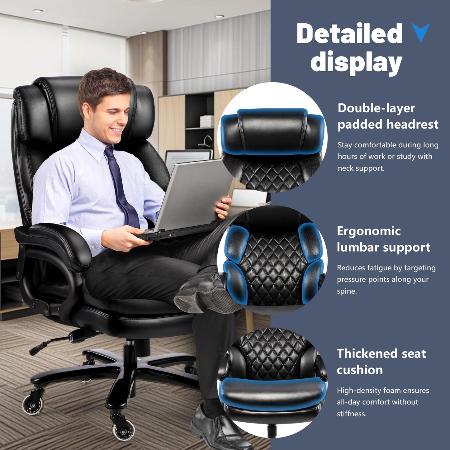 800LBS Big and Tall Office Chair for Heavy People, Heavy Duty Executive Chair with High Back, Extra Wide Seat and Adjustable Lumbar, Large Computer Desk Chair Comfortable for Home Office (Black)