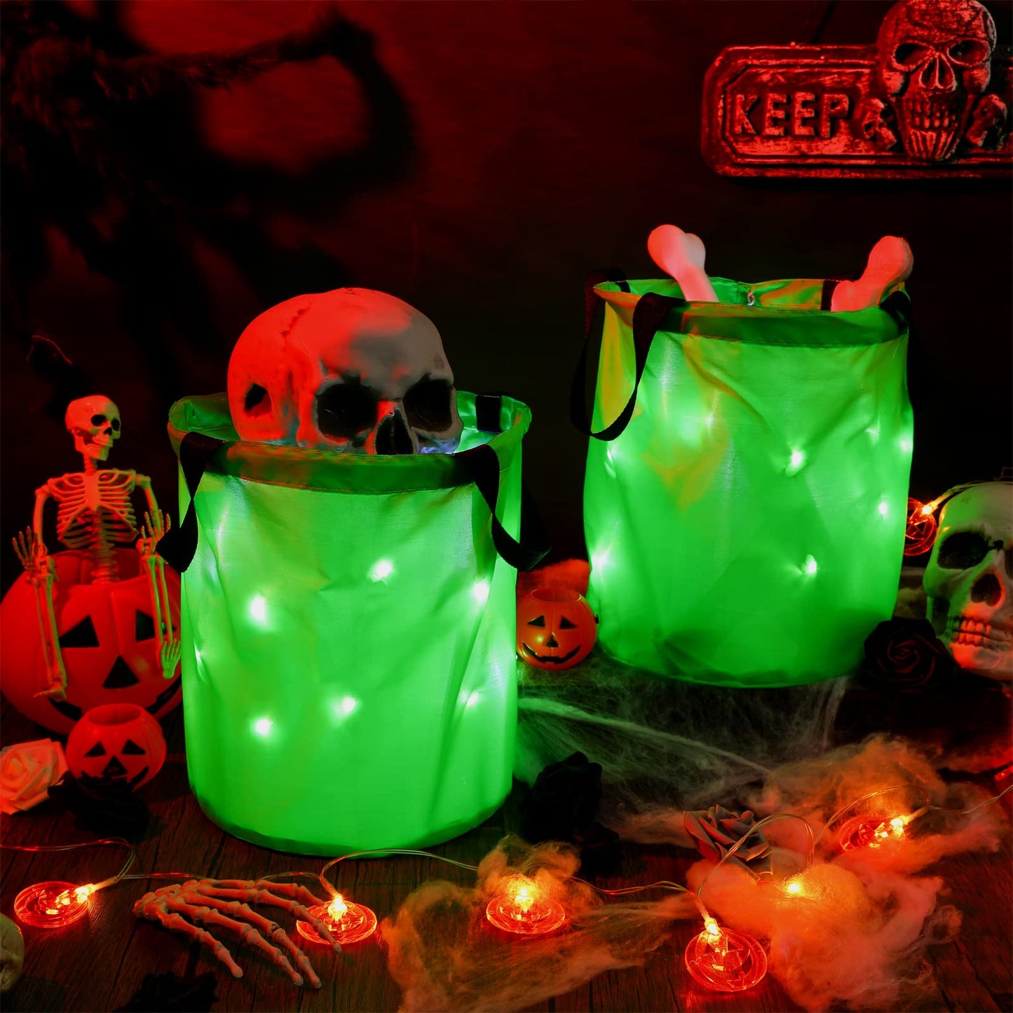 2 Pieces LED Light Halloween Candy Bags Light Up Halloween Party Bags Multipurpose Reusable Halloween Bucket Trick or Treat Bags for Halloween(Green)
