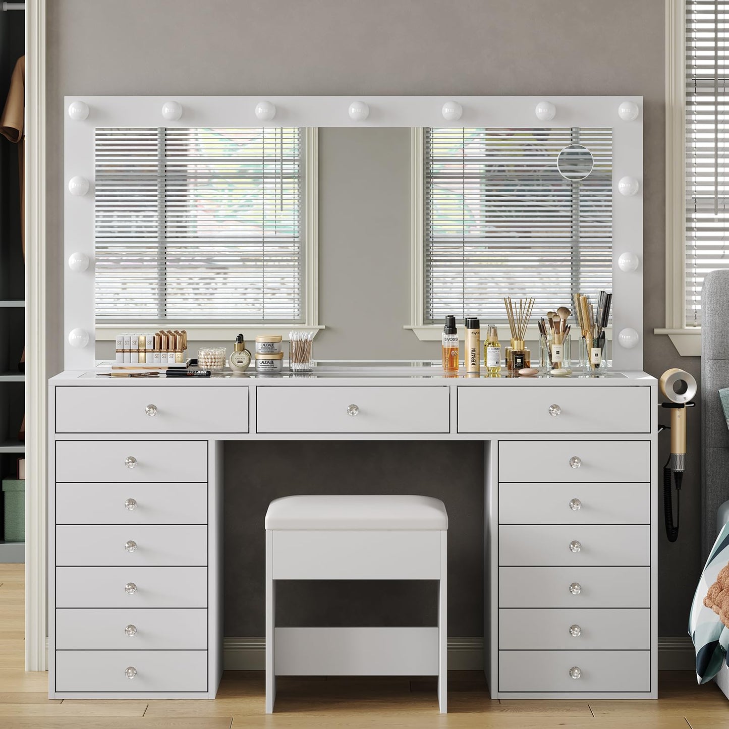 Yanosaku 55" W Vanity Desk, Makeup Vanity with Charging Station, 15 Drawers with Lighted Mirror, 3 Lighting Modes, Brightness Adjustable, Glass Top, Vanity Table with Chair for Bedroom, White