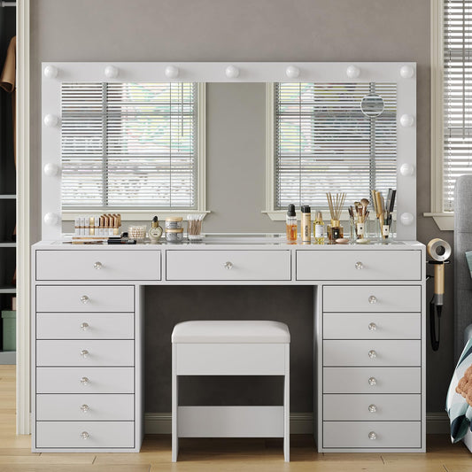 Yanosaku 55" W Vanity Desk, Makeup Vanity with Charging Station, 15 Drawers with Lighted Mirror, 3 Lighting Modes, Brightness Adjustable, Glass Top, Vanity Table with Chair for Bedroom, White