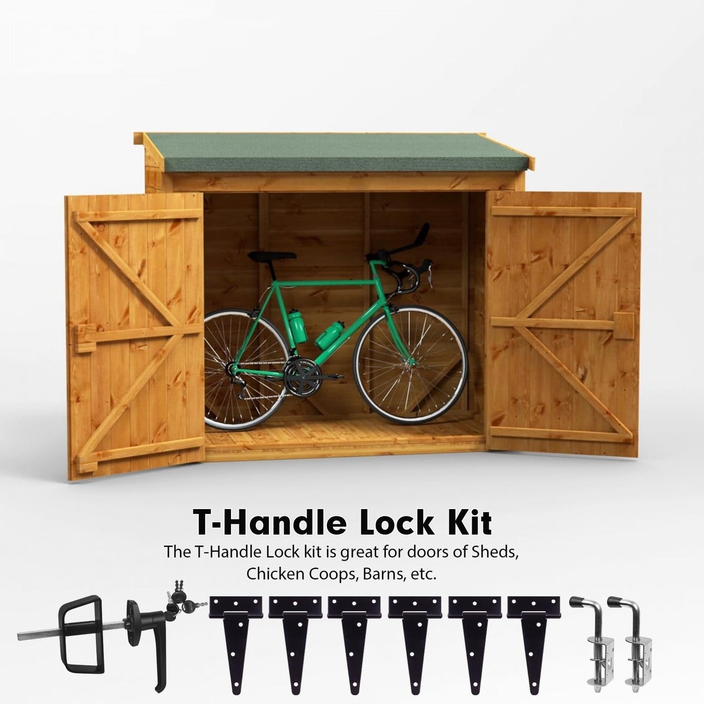 5-Key Double Door Shed Hardware Kit - Complete with Hinges, Latches, and L-Handle Lock - Includes Window and Door/Window Hinge Set, for Gates, playrooms