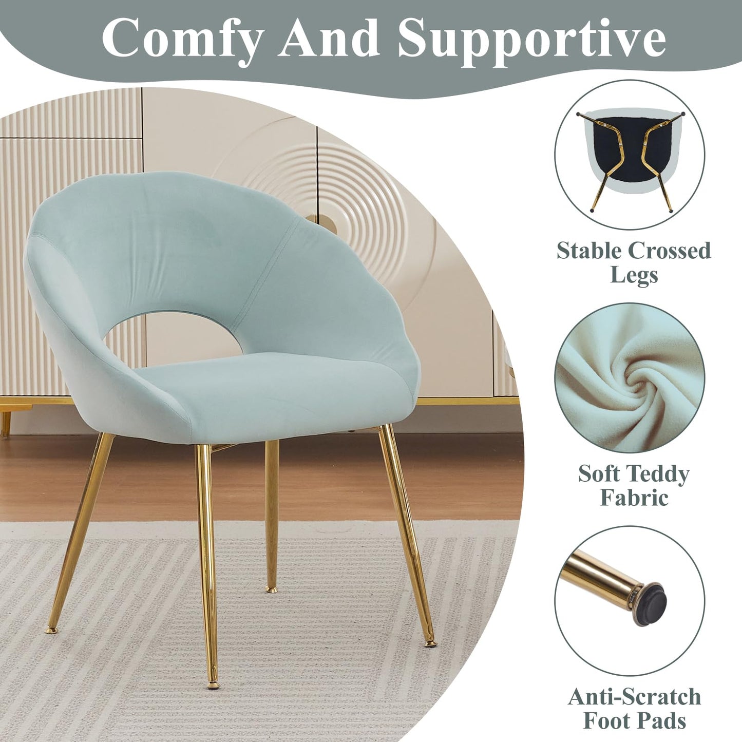 YDcosyfy Modern Small Accent Chair Set of 2, Comfy Velvet Vanity Chair with Shell Back & Golden Metal Legs, Decorative Chair no Wheels for Living Room, Makeup Room, Bedroom, Green