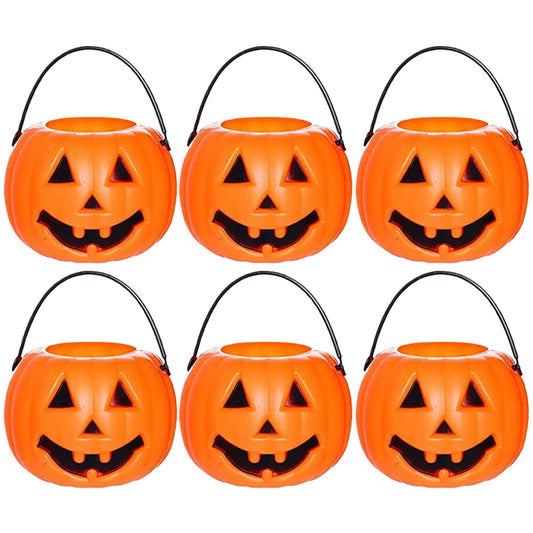 6Pcs Halloween Pumpkin Bucket Devil Smile Pumpkin Candy Bucket Plastic Halloween Candy Holder with Handle Trick or Treats Halloween Bucket for Halloween Decorations, Style 1 Plastic Pumpkins Pumpkin