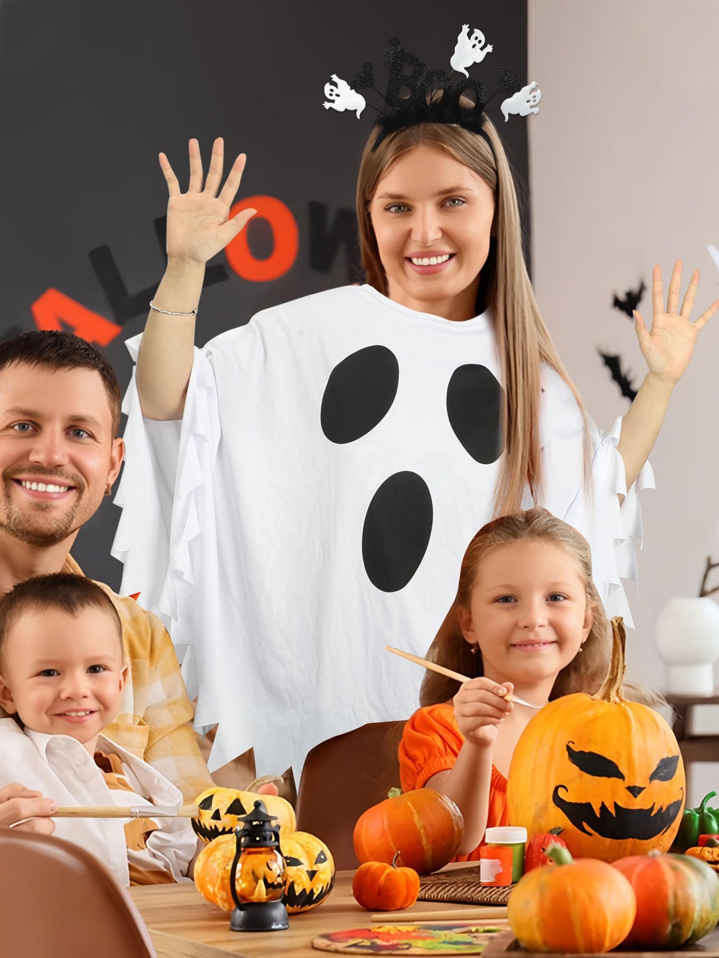 3PCS Halloween Costume Set Women Ghost Costume with White Ghost Poncho Boo Headband Candy Bag Halloween Ghosts Cape Outfit for Halloweens Cosplay Party