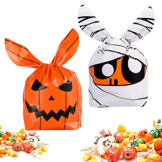 100PCS Halloween Treat Bags: Cute Rabbit Ear Small Halloween Cookies Plastic Gift Bags for Party Decoration Supplies