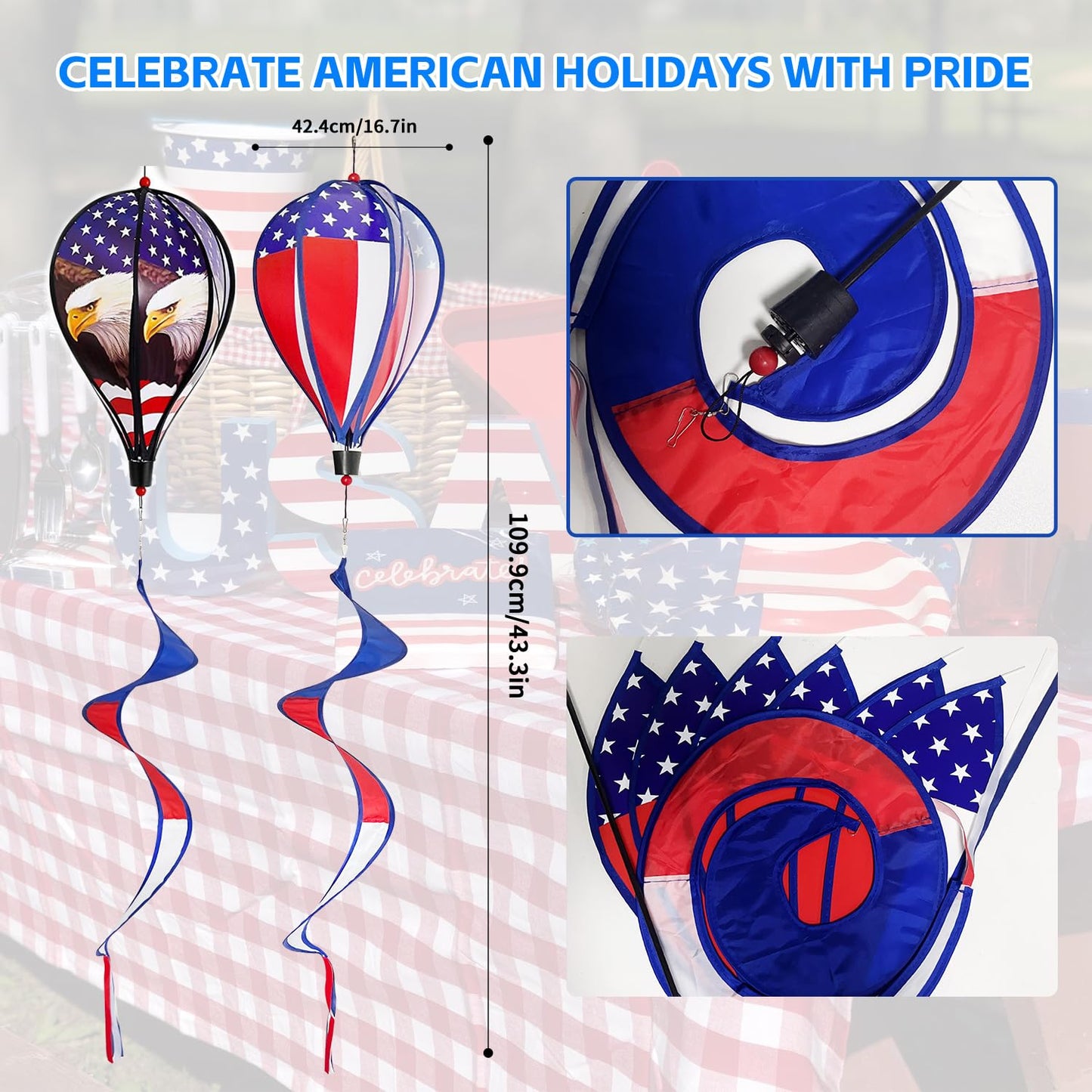 2 Pack 43-Inch Patriotic American Flag & Eagle Hot Air Balloon Wind Spinner Twister, Outdoor Hanging Windmill Decor for Garden Lawn Yard, Fourth of July, Memorial Day, and Veterans Day Decorations