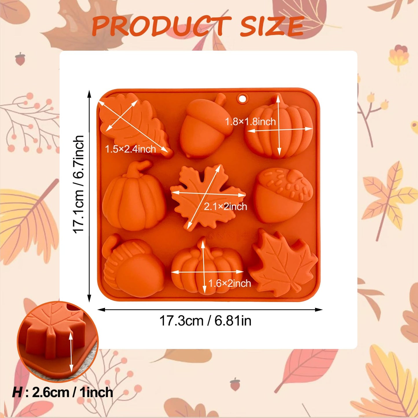 3D Pumpkin Silicone Mold 2PCS Fall Silicone Mold Thanksgiving Candy Mold Autumn Maple Leaf Acorn shape Chocolate Mold Soap Candy Cake Pan Baking Molds for Cake Cupcake Decoration (Orange)